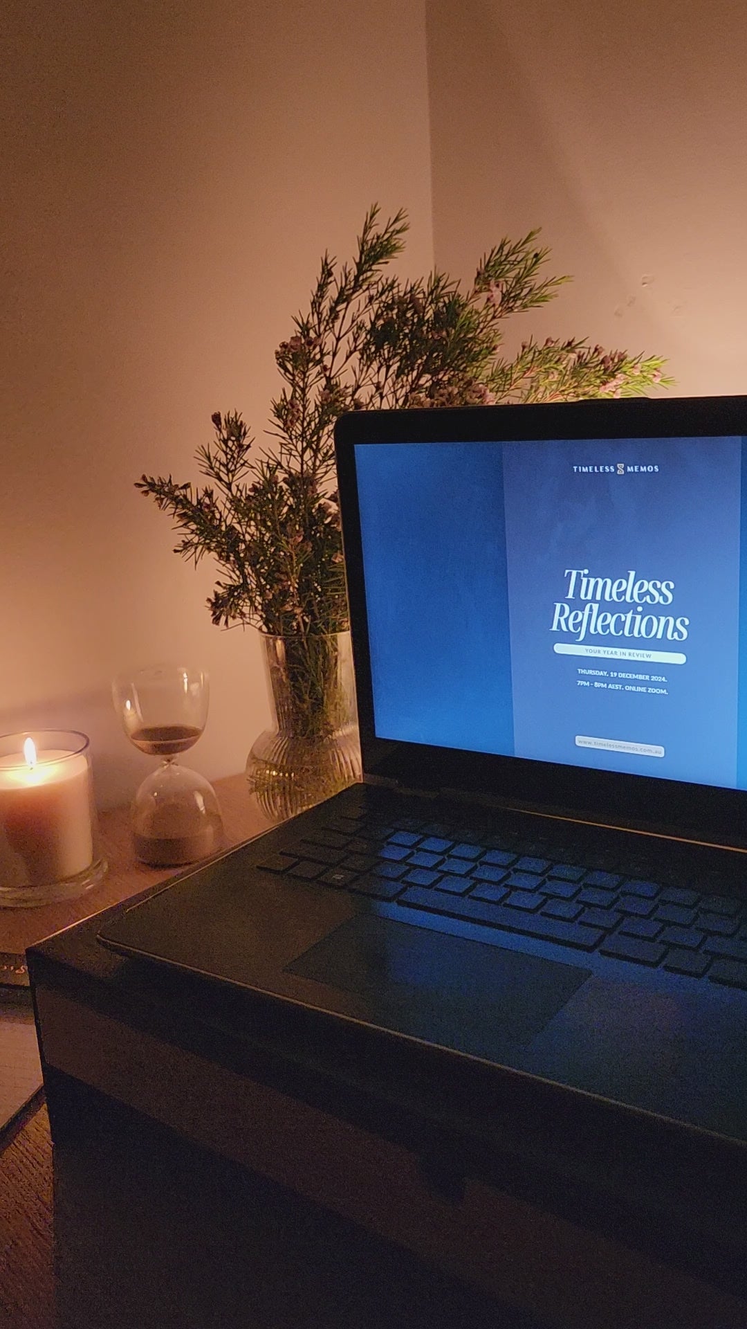 laptop, candle, hour glass.